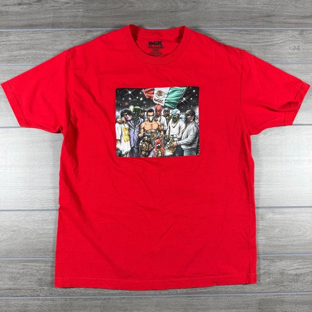 DGK Mens Large Red Graphic T-Shirt Mexican Flag Boxer Fighter Art
